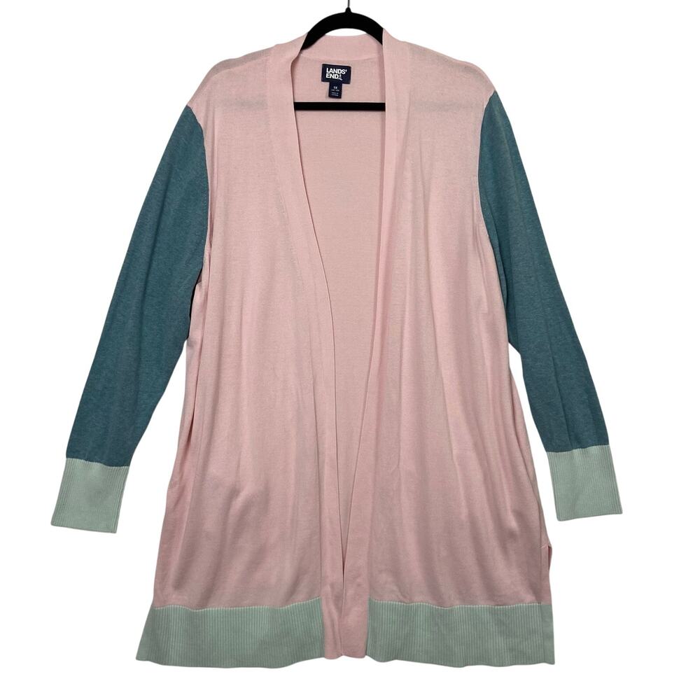 Lands' End Pink Green 100% Cotton Longline Duster Open Front Cardigan Sweater 1X